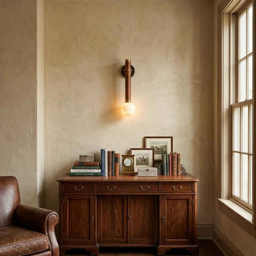 Corvale Alabaster Globe Leather Wall Sconce