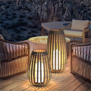 Rattan Weaving Oval Cage Outdoor Patio Waterproof Floor Lamp. Garden Rattan Floor Lamp. Rattan Floor Lamp. Rattan Portable Lantern. Waterproof Solar Outdoor Lights.