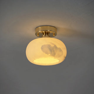 Nuvola Alabaster Semi-Flush Ceiling Light Vidirlighting Master Hero Cutout View Fully Lit with Warm Glowing Natural Alabaster Shade and Polished Chrome Base Isolated on White