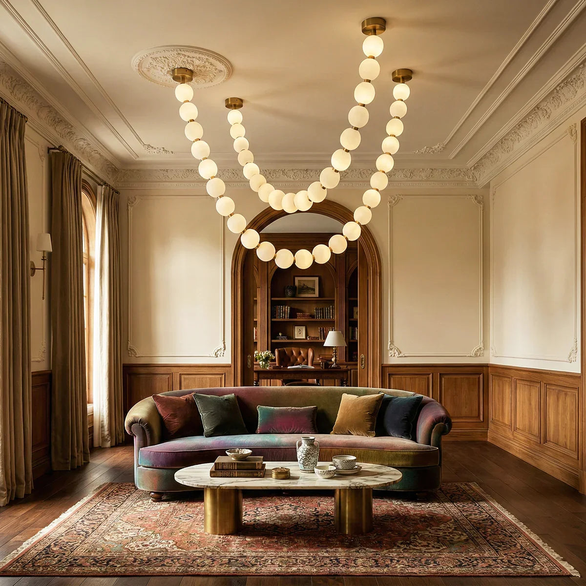 Pearl strands glowing warm in an interior