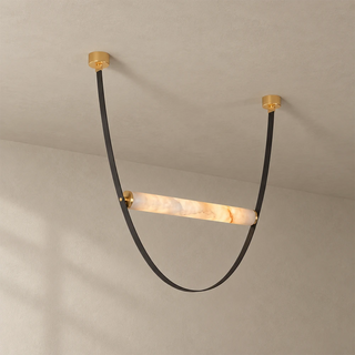 Altalena Leather Alabaster Pendant Light Vidirlighting 1-Light Deep U-Loop Swing Pendant with Cognac Brown Leather Strap and Matte Black Canopies Studio Shot