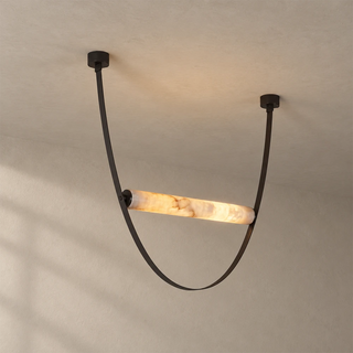 Altalena Leather Alabaster Pendant Light Vidirlighting 1-Light Deep U-Loop Swing Pendant with Cognac Brown Leather Strap and Brushed Brass Canopies Studio Shot