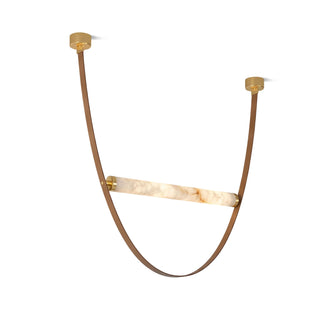 Altalena Leather Alabaster Pendant Light Vidirlighting 1-Light Single Horizontal Cylindrical Alabaster Tube Suspended by Cognac Brown Leather U-Loop Sling and Brushed Brass Canopies Master Hero Shot on Pure White Background