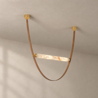 Altalena Leather Alabaster Pendant Light Vidirlighting 1-Light Deep U-Loop Swing Pendant with Black Leather Strap and Matte Black Canopies Studio Shot