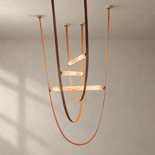 Altalena Leather Alabaster Pendant Light Vidirlighting 1-Light Linear Horizontal Alabaster Beam with Cognac Brown Leather Straps and Matte Black Canopies Studio Shot