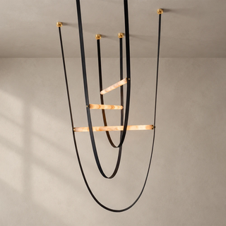 Altalena Leather Alabaster Pendant Light Vidirlighting 1-Light Linear Horizontal Alabaster Beam with Black Leather Straps and Matte Black Canopies Studio Shot