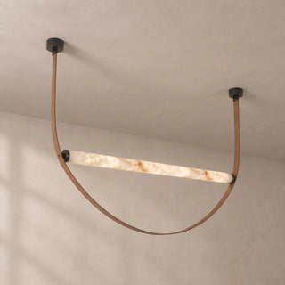 Altalena Leather Alabaster Pendant Light Vidirlighting 1-Light Linear Horizontal Alabaster Beam with Cognac Brown Leather Straps and Brushed Brass Canopies Studio Shot