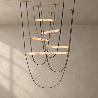 Altalena Leather Alabaster Pendant Light Vidirlighting 3-Tier Cascading Swing Chandelier with Cognac Brown Leather Straps and Brushed Brass Canopies Studio Shot
