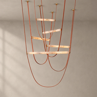 Altalena Leather Alabaster Pendant Light Vidirlighting 3-Tier Cascading Swing Chandelier with Black Leather Straps and Matte Black Canopies Studio Shot