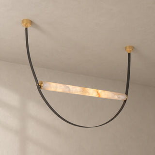Altalena Leather Alabaster Pendant Light Vidirlighting 3-Tier Cascading Swing Chandelier with Black Leather Straps and Brushed Brass Canopies Studio Shot