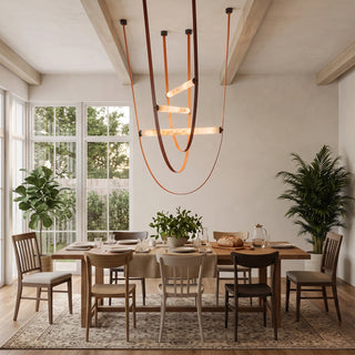Altalena Leather Alabaster Pendant Light Vidirlighting Multi-Tier Cognac Leather and Stone Cylinder Chandelier in A-Frame Timber Beam Living Room with Leather Sofas