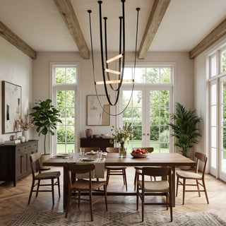 Altalena Leather Alabaster Pendant Light Vidirlighting 3-Tier Layered Black Leather and Alabaster Tube Chandelier Suspended from Beam Ceiling over Dining Area