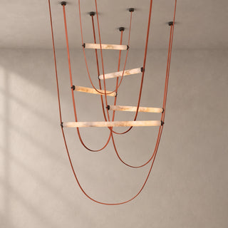Altalena Leather Alabaster Pendant Light Vidirlighting 5-Tier Grand Cascading Waterfall Chandelier with Cognac Brown Leather Straps and Matte Black Canopies Studio Shot