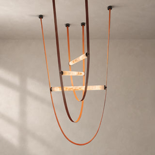 Altalena Leather Alabaster Pendant Light Vidirlighting 5-Tier Grand Cascading Waterfall Chandelier with Cognac Brown Leather Straps and Brushed Brass Canopies Studio Shot