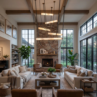 Altalena Leather Alabaster Pendant Light Vidirlighting Grand Cascading Black Leather Sling Chandelier Illuminating Two-Story Living Room with Stone Fireplace