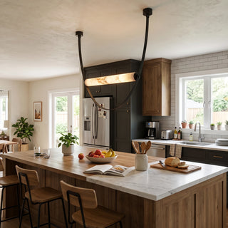 Altalena Leather Alabaster Pendant Light Vidirlighting Horizontal Cylindrical Alabaster Bar Hanging from Black Leather Sling Straps above Modern Wood Kitchen Island
