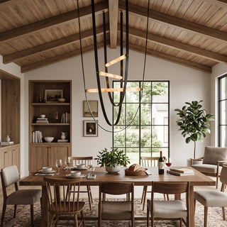 Altalena Leather Alabaster Pendant Light Vidirlighting Multi-Tier Cascading Black Leather and Glowing Alabaster Cylinder Chandelier under Vaulted Wooden Beam Ceiling