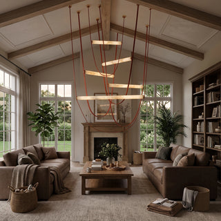 Altalena Leather Alabaster Pendant Light Vidirlighting Cascading Saddle Brown Leather Strap Alabaster Chandelier in Cathedral Ceiling Living Room with Fireplace