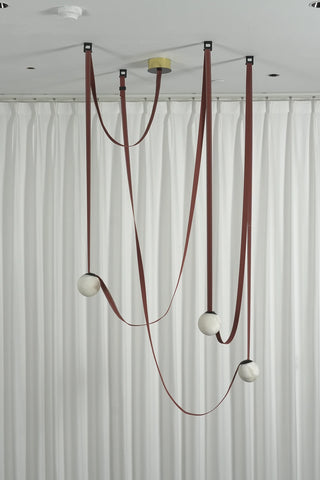 Anouk Draped Strap Alabaster Chandelier Vidirlighting 3-Light Sculptural Pendant Featuring Terracotta Fabric Webbing Straps and Natural White Alabaster Spheres Unlit Front View