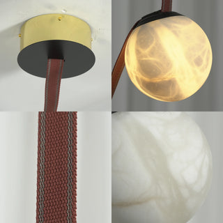 Anouk Draped Strap Alabaster Chandelier Vidirlighting 4-in-1 Craftsmanship Collage Showing Brass Ceiling Canopy Lit Alabaster Orb Woven Strap and Stone Grain