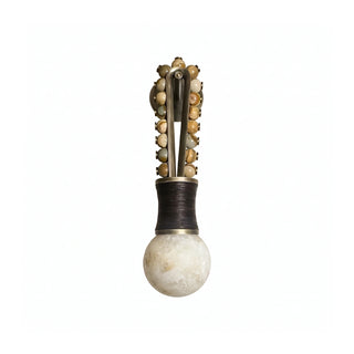Ardora Beaded Alabaster Wall Sconce Vidirlighting Picture Jasper beads in earthy tones, accented with an antiqued bronze-colored framework and dark brown, lathe-turned, threaded spacers—highlighting the raw, handcrafted quality of the natural stone.