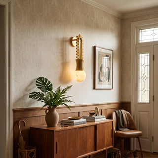 Ardora Beaded Alabaster Wall Sconce Vidirlighting Classic Brass Finish above Wainscoting and Wood Console Table in Sunlit Foyer Hallway
