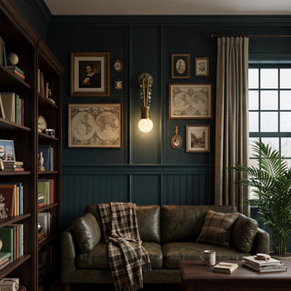 Ardora Beaded Alabaster Wall Sconce Vidirlighting Mounted on Dark Navy Blue Library Wall beside Leather Chesterfield Sofa and Bookshelves
