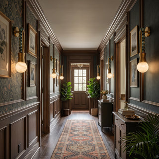 Ardora Beaded Alabaster Wall Sconce Vidirlighting Multiple Lamps Line Dark Wood Paneled Corridor with Vintage Persian Hallway Runner Rug