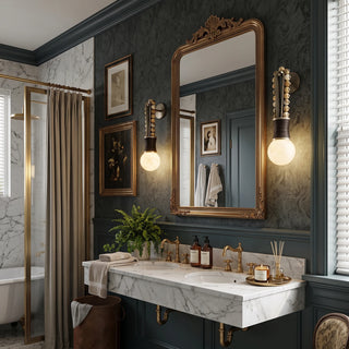 Ardora Beaded Alabaster Wall Sconce Vidirlighting Pair Installed on Dark Shiplap Wall Flanking Large Bathroom Vanity Mirror