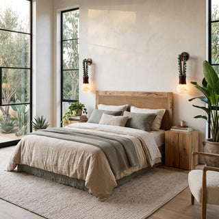 Ardora Beaded Alabaster Wall Sconce Vidirlighting Symmetrical Pair Flanking Natural Oak Bed in Modern Rustic Master Bedroom