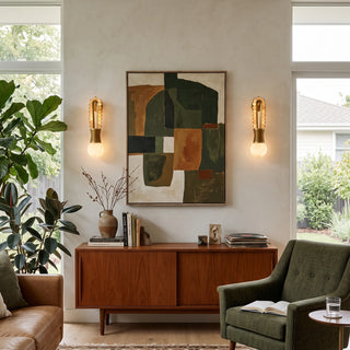 Ardora Beaded Alabaster Wall Sconce Vidirlighting Symmetrical Brass Pair Framing Earth-Toned Wall Art above Mid-Century Credenza