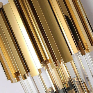 Close-up of Bourbons Crystal Sconce gold stainless steel upper tubes, showing polished high-gloss finish with crystal rods visible at the base