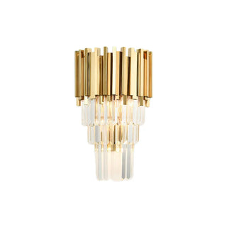 Bourbons Crystal Sconce product photo on white background, gold stainless steel tiered frame with clear K9 crystal rods cascading downward
