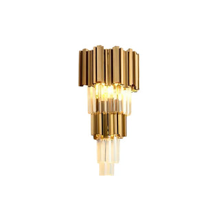 Product image of a gold crystal wall lamp, featuring a three-tiered stepped design, a combination of gold-plated stainless steel tubes and clear crystal rods, set against a white background.