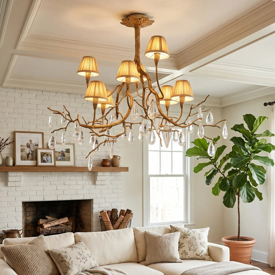 Brass Branch Crystal Teardrop Chandelier