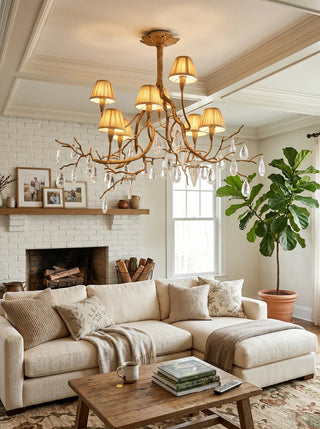 Brass Branch Crystal Teardrop Chandelier