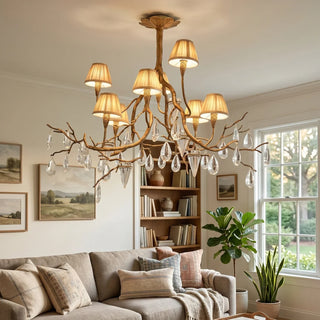 Brass Branch Crystal Teardrop Chandelier