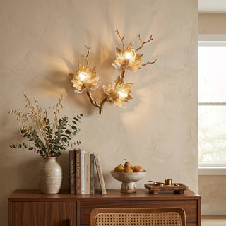 Brass Maple Leaf Glass Sculpture Wall Lamp