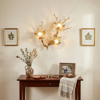 Brass Maple Leaf Glass Sculpture Wall Lamp