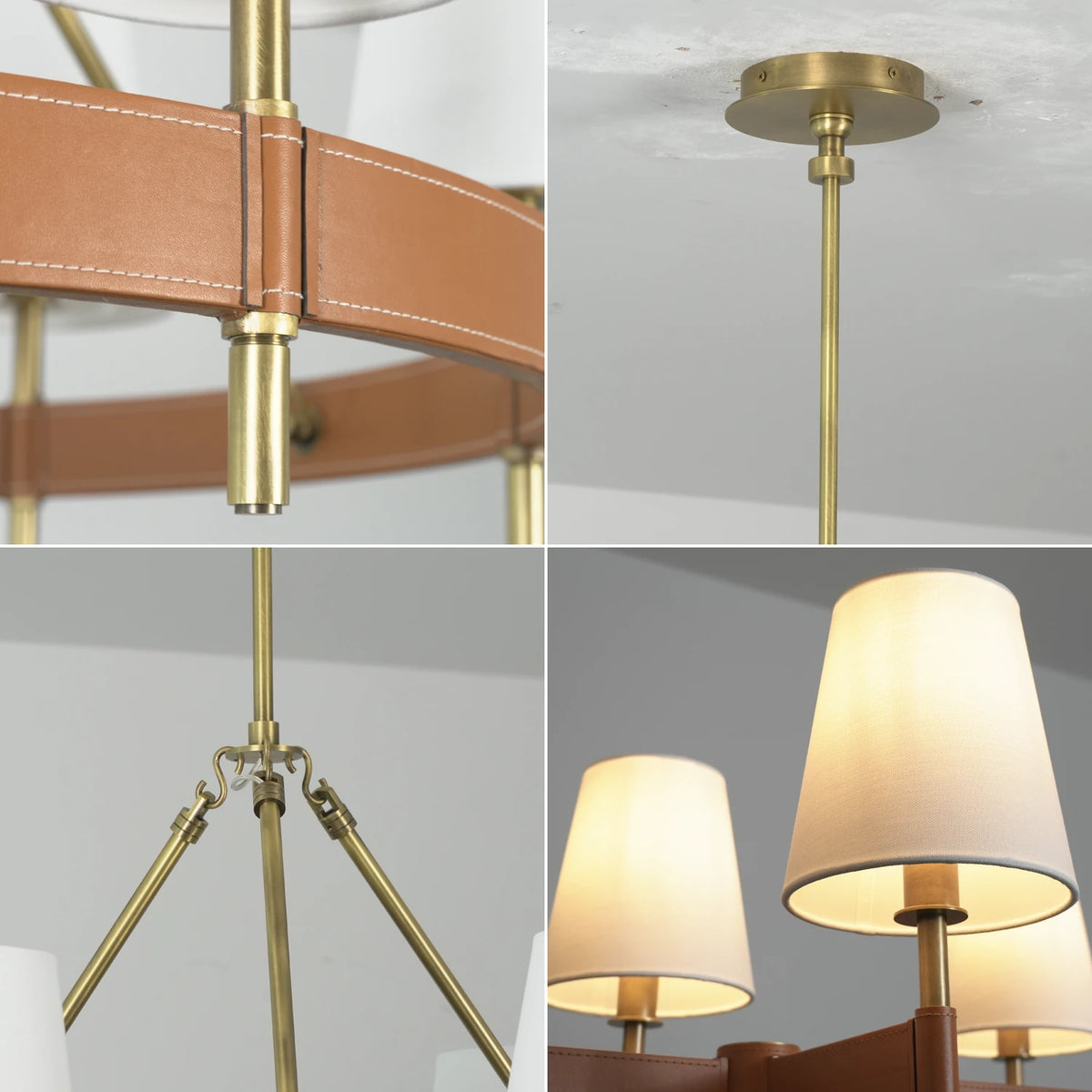 Close-up grid of the stitched leather and brass collar, ceiling canopy, hook joints and lit linen shades