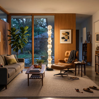 Cairn Alabaster Stacked Floor Lamp Vidirlighting Modern Organic Stone Column Floor Light in Sunlit Corner beside Mid-Century Credenza and Cream Sofa