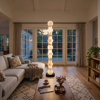 Cairn Alabaster Stacked Floor Lamp Vidirlighting Natural Alabaster Stone Lamp beside Rustic Masonry Fireplace and Sliding Patio Glass Door