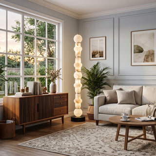Cairn Alabaster Stacked Floor Lamp Vidirlighting Organic Minimalist Design beside Reclaimed Wood Console and Textured Wall Art Canvas