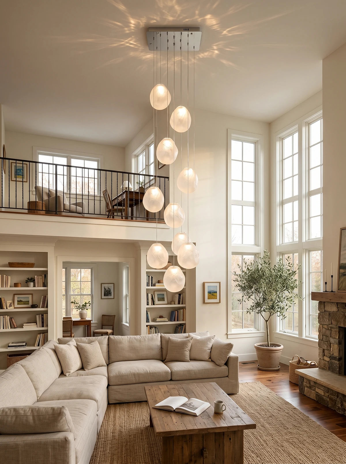 White glass pebble chandelier with eleven heads in a high-ceiling living room