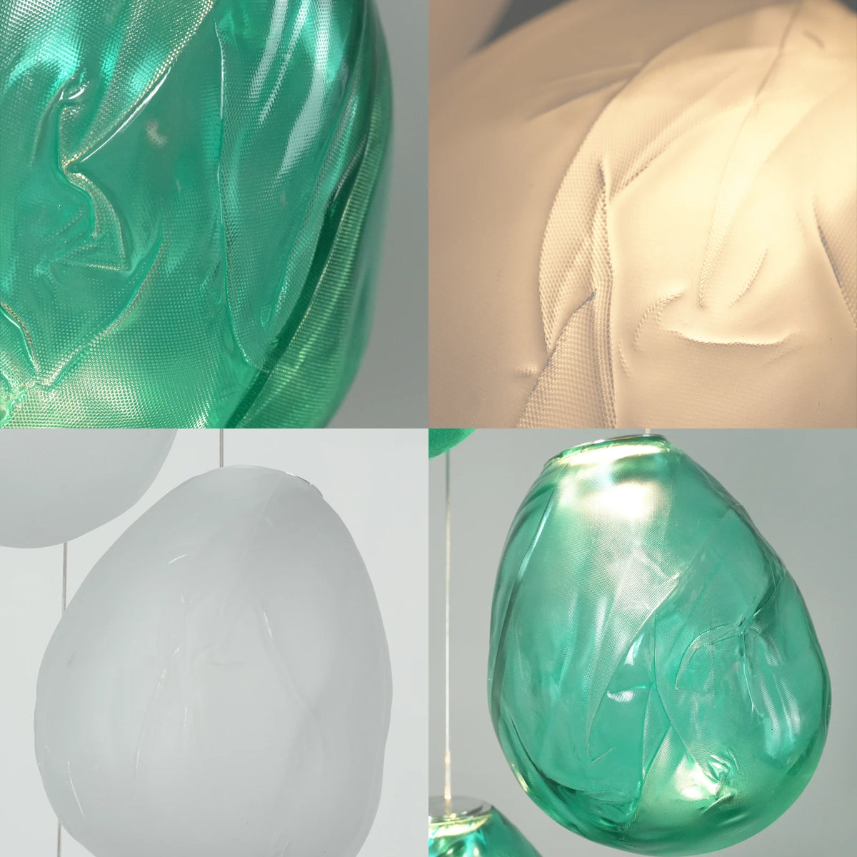 Handmade textured glass shades shown lit and unlit in detail