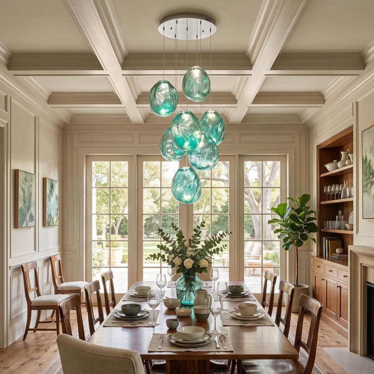 Green glass pebble chandelier hanging in a coffered dining room