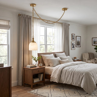 Carillon Chain Alabaster Bell Chandelier Vidirlighting Single-Light Brass Draped Swag Chain Pendant Hanging over Bedside Nightstand in Spacious Master Bedroom