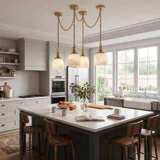 Carillon Chain Alabaster Bell Chandelier Vidirlighting Brushed Brass 3-Light Swag Chain Pendant Light above Spacious White Marble Kitchen Island
