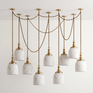 Carillon Chain Alabaster Bell Chandelier Vidirlighting Brushed Brass 9-Light Cascading Swag Chain Chandelier with Natural Translucent Stone Bell Shades Studio Display View