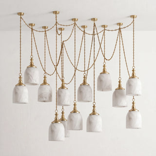Carillon Chain Alabaster Bell Chandelier Vidirlighting Grand 13-Light Brushed Brass Multi-Tier Cascading Waterfall Swag Chain Alabaster Chandelier Isolated Cutout
